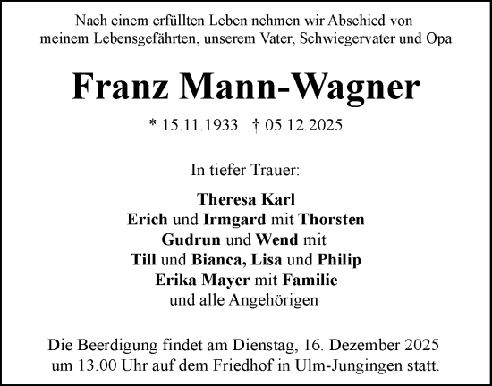 Traueranzeige von Franz Mann-Wagner von SÜDWEST PRESSE Ausgabe Ulm/Neu-Ulm