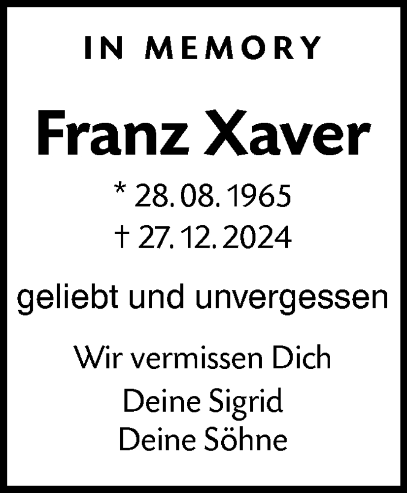  Traueranzeige für Franz  Xaver vom 27.12.2025 aus SÜDWEST PRESSE Zollernalbkreis/Hohenzollerische Zeitung