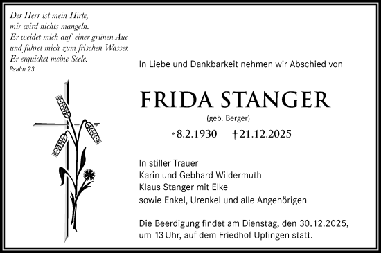 Traueranzeige von Frida Stanger von Alb-Bote/Metzinger-Uracher Volksblatt