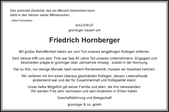Traueranzeige von Friedrich Hornberger von Hohenloher Tagblatt
