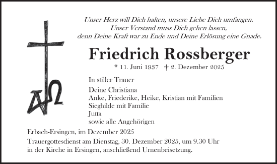 Traueranzeige von Friedrich Rossberger von Ehinger Tagblatt