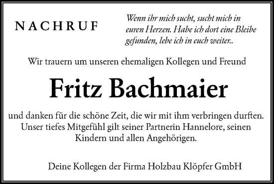 Traueranzeige von Fritz Bachmaier von Hohenloher Tagblatt
