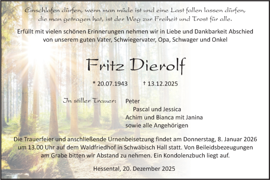 Traueranzeige von Fritz Dierolf von Haller Tagblatt