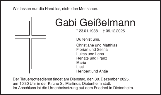Traueranzeige von Gabi Geißelmann von SÜDWEST PRESSE Ausgabe Ulm/Neu-Ulm