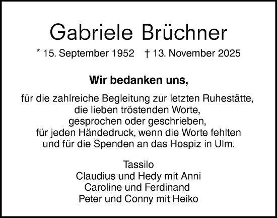 Traueranzeige von Gabriele Brüchner von SÜDWEST PRESSE Ausgabe Ulm/Neu-Ulm