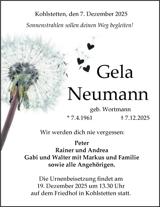 Traueranzeige von Gela Neumann von Alb-Bote/Metzinger-Uracher Volksblatt