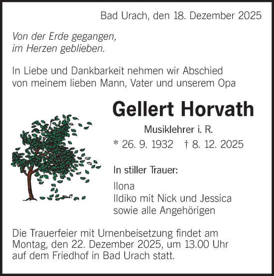 Traueranzeige von Gellert Horvath von Alb-Bote/Metzinger-Uracher Volksblatt