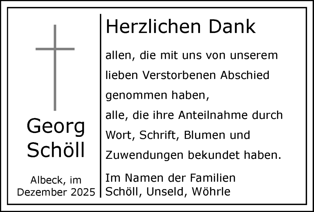  Traueranzeige für Georg Schöll vom 17.12.2025 aus SÜDWEST PRESSE Ausgabe Ulm/Neu-Ulm