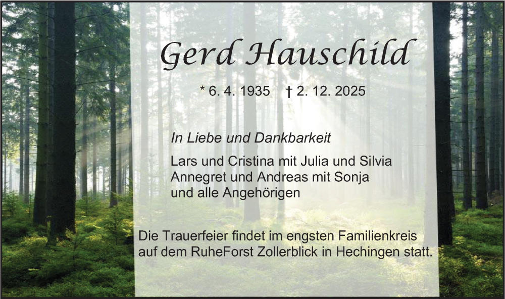  Traueranzeige für Gerd Hauschild vom 06.12.2025 aus SÜDWEST PRESSE Zollernalbkreis/Hohenzollerische Zeitung