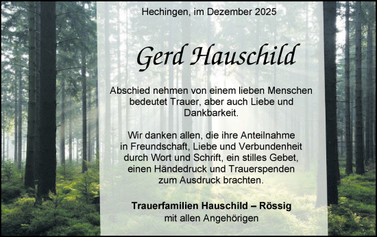 Traueranzeige von Gerd Hauschild von SÜDWEST PRESSE Zollernalbkreis/Hohenzollerische Zeitung