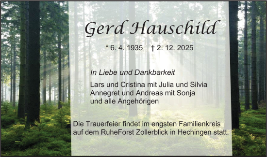 Traueranzeige von Gerd Hauschild von SÜDWEST PRESSE Zollernalbkreis/Hohenzollerische Zeitung