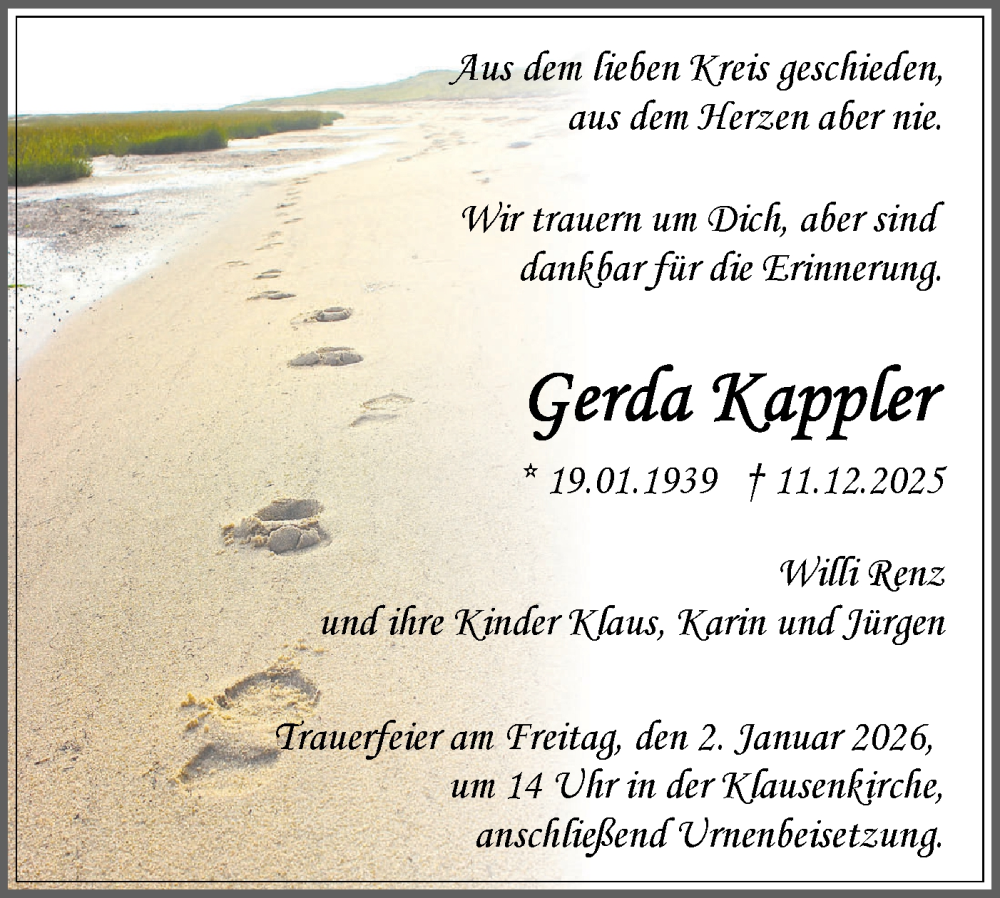  Traueranzeige für Gerda Kappler vom 30.12.2025 aus Schwäbische Tagblatt