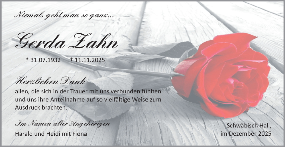  Traueranzeige für Gerda Zahn vom 20.12.2025 aus Haller Tagblatt