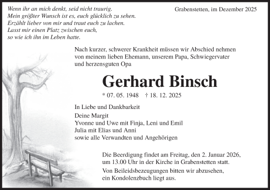 Traueranzeige von Gerhard Binsch von Alb-Bote/Metzinger-Uracher Volksblatt