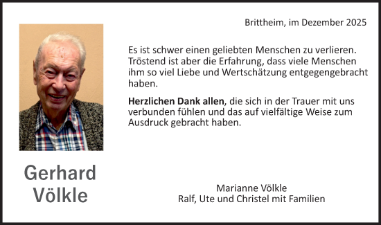 Traueranzeige von Gerhard Völkle von SÜDWEST PRESSE Zollernalbkreis/Hohenzollerische Zeitung