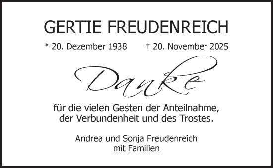 Traueranzeige von Gertie Freudenreich von Ehinger Tagblatt