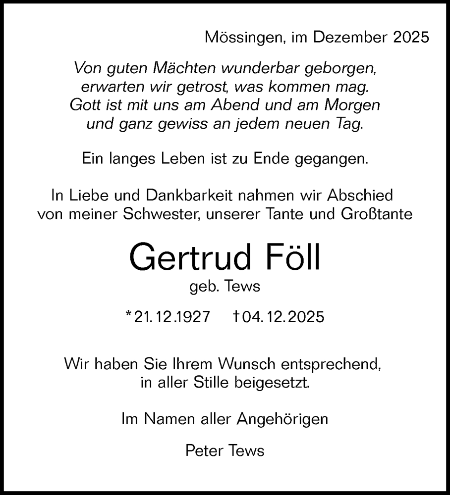  Traueranzeige für Gertrud Föll vom 18.12.2025 aus Schwäbische Tagblatt