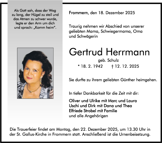 Traueranzeige von Gertrud Herrmann von SÜDWEST PRESSE Zollernalbkreis/Hohenzollerische Zeitung