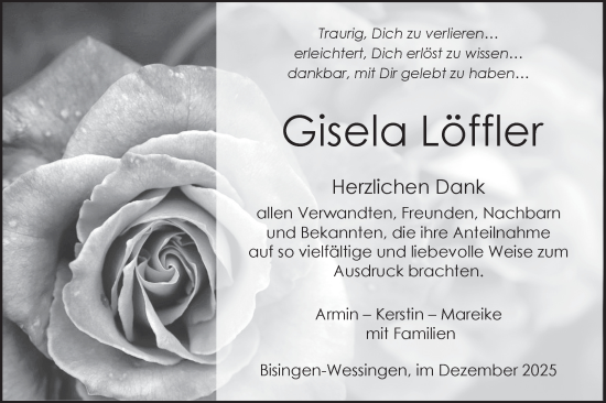 Traueranzeige von Gisela Löffler von SÜDWEST PRESSE Zollernalbkreis/Hohenzollerische Zeitung