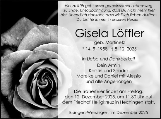 Traueranzeige von Gisela Löffler von SÜDWEST PRESSE Zollernalbkreis/Hohenzollerische Zeitung