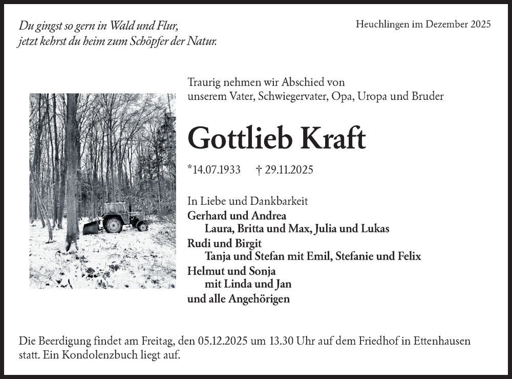 Traueranzeige für Gottlieb Kraft vom 03.12.2025 aus Hohenloher Tagblatt