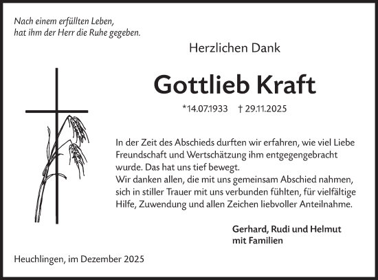 Traueranzeige von Gottlieb Kraft von Hohenloher Tagblatt