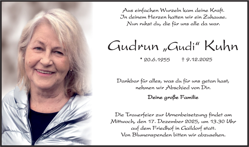 Traueranzeige für Gudrun Kuhn vom 13.12.2025 aus Rundschau Gaildorf