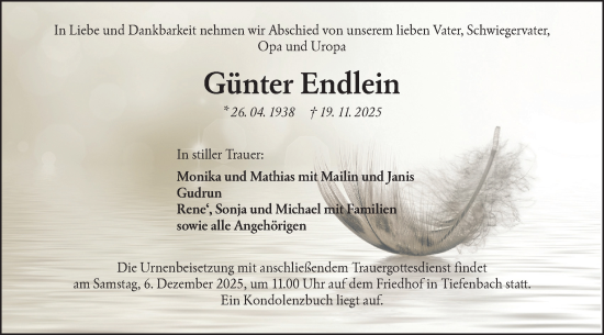 Traueranzeige von Günter Endlein von Hohenloher Tagblatt