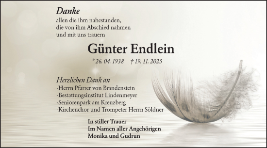 Traueranzeige von Günter Endlein von Hohenloher Tagblatt