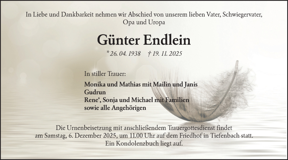  Traueranzeige für Günter Endlein vom 02.12.2025 aus Hohenloher Tagblatt