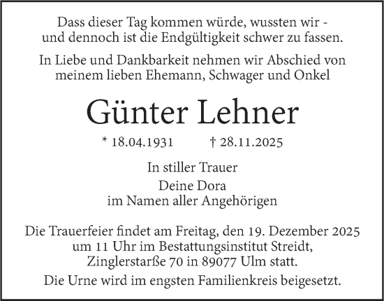Traueranzeige von Günter Lehner von SÜDWEST PRESSE Ausgabe Ulm/Neu-Ulm