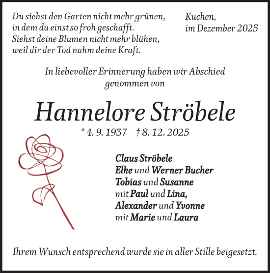 Traueranzeige von Hannelore Ströbele von Geislinger Zeitung