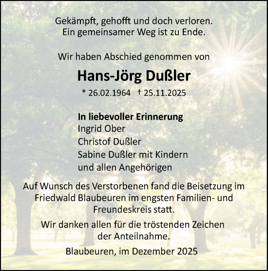 Traueranzeige von Hans-Jörg Dußler von Das Blaumännle