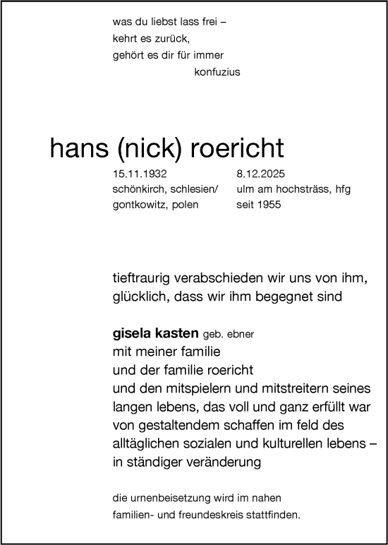 Traueranzeige von Hans Roericht von SÜDWEST PRESSE Ausgabe Ulm/Neu-Ulm