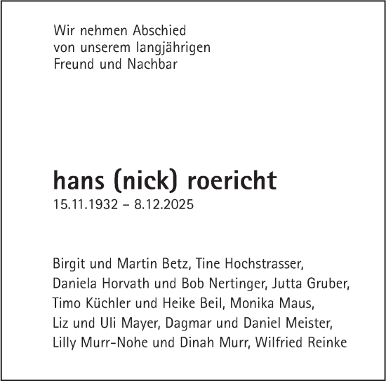 Traueranzeige von Hans Roericht von SÜDWEST PRESSE Ausgabe Ulm/Neu-Ulm
