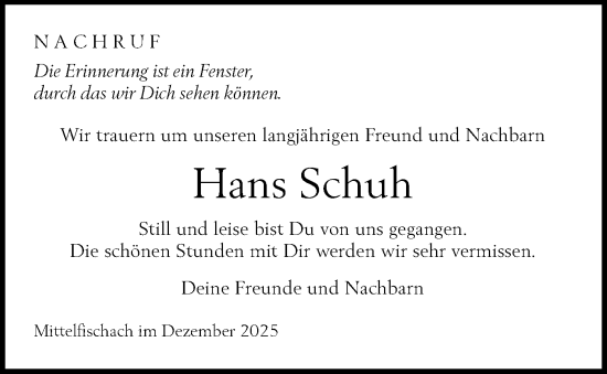 Traueranzeige von Hans Schuh von Haller Tagblatt