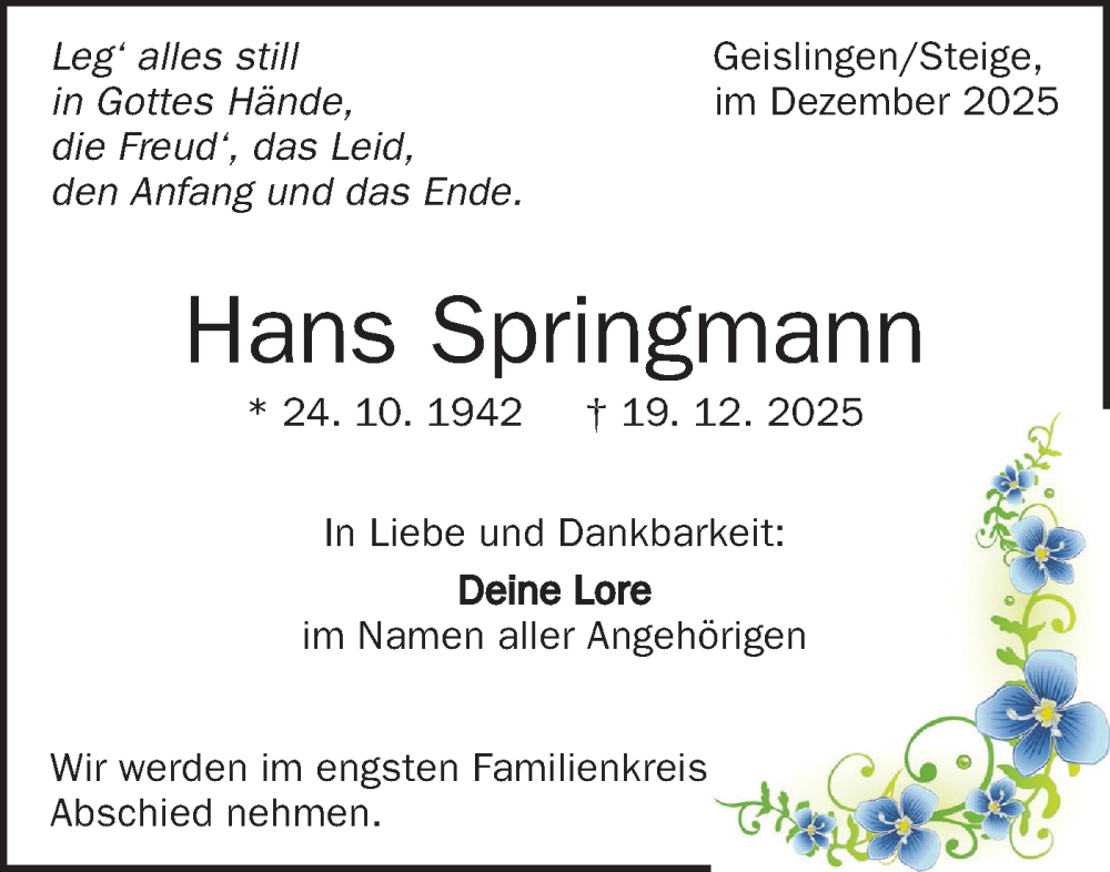  Traueranzeige für Hans Springmann vom 23.12.2025 aus Geislinger Zeitung