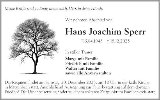 Traueranzeige von Hans Joachim Sperr von Hohenloher Tagblatt