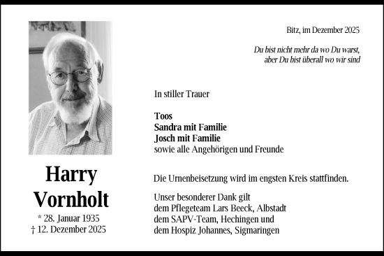 Traueranzeige von Harry Vornholt von SÜDWEST PRESSE Zollernalbkreis/Hohenzollerische Zeitung