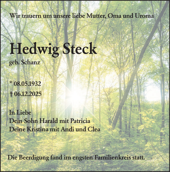 Traueranzeige von Hedwig Steck von SÜDWEST PRESSE Ausgabe Ulm/Neu-Ulm