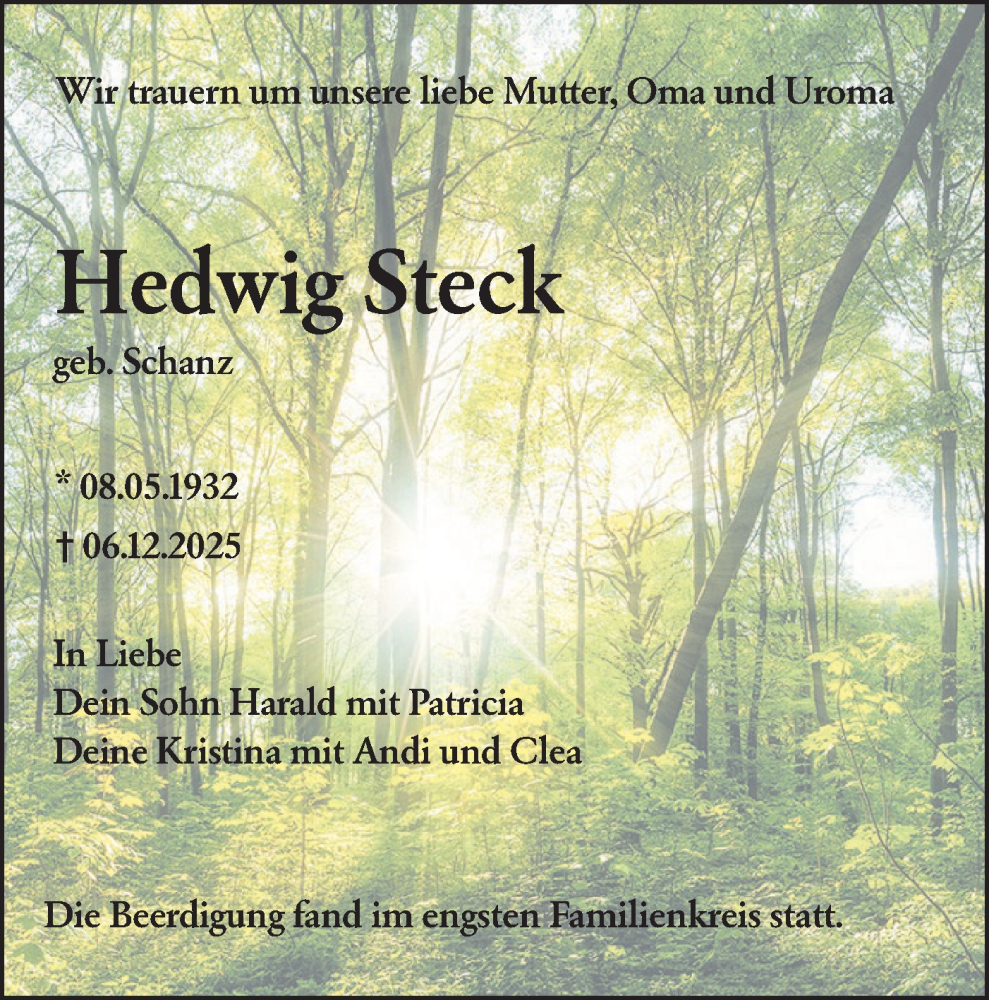  Traueranzeige für Hedwig Steck vom 20.12.2025 aus SÜDWEST PRESSE Ausgabe Ulm/Neu-Ulm