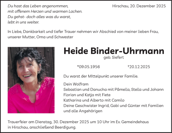 Traueranzeige von Heide Binder-Uhrmann von Schwäbische Tagblatt