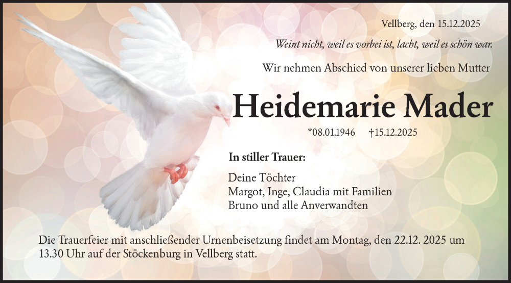  Traueranzeige für Heidemarie Mader vom 18.12.2025 aus Haller Tagblatt