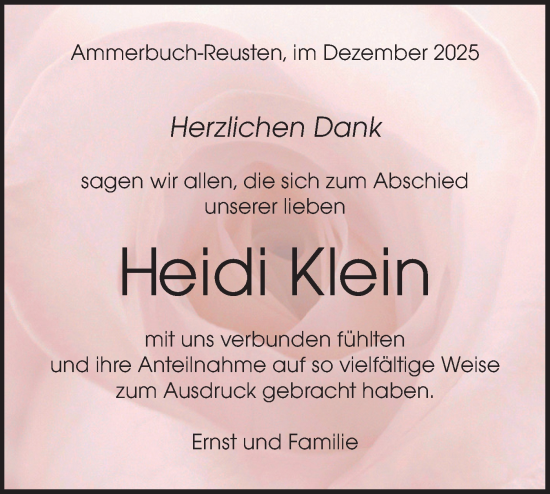 Traueranzeige von Heidi Klein von Schwäbische Tagblatt