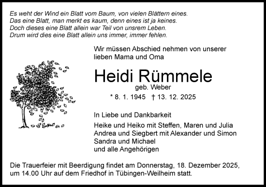 Traueranzeige von Heidi Rümmele von Schwäbische Tagblatt