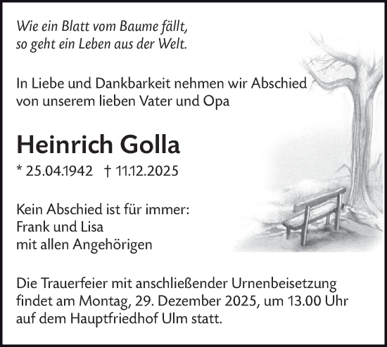 Traueranzeige von Heinrich Golla von SÜDWEST PRESSE Ausgabe Ulm/Neu-Ulm