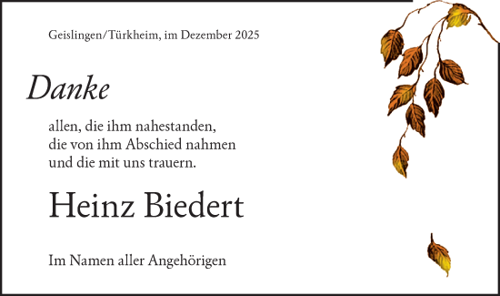 Traueranzeige von Heinz Biedert von Geislinger Zeitung