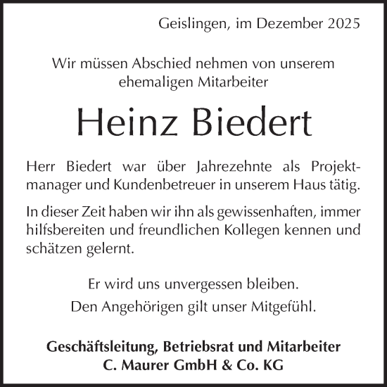 Traueranzeige von Heinz Biedert von Geislinger Zeitung