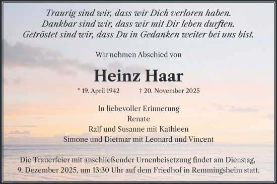 Traueranzeige von Heinz Haar von Schwäbische Tagblatt