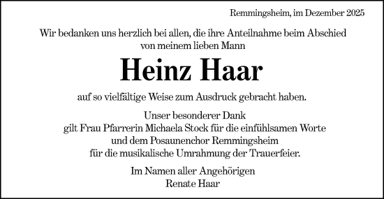 Traueranzeige von Heinz Haar von Schwäbische Tagblatt